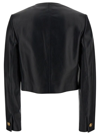 Shop Versace Black Cropped Jacket With Medusa Bottons In Leather Woman