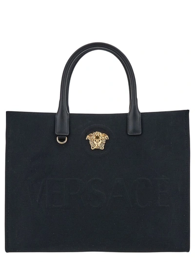 Shop Versace Logo Canvas Shopper In Black