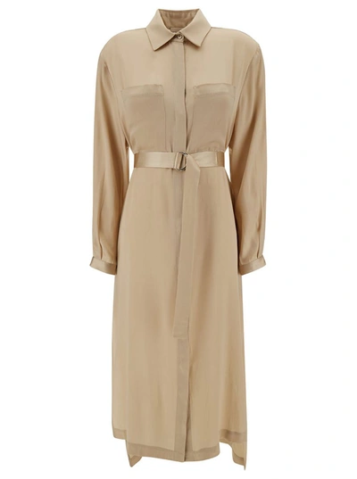 Shop Semicouture 'philipa' Long Champagne Chemisier Dress With Belt In Acetate And Silk Blend Woman In Beige