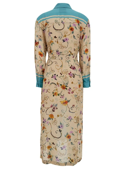 Shop Semicouture Long Beige And Light Blue Chemisier Dress With Floreal Print And Belt In Viscose Woman In Multicolor
