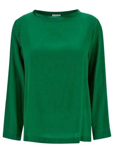 Shop Plain Green Long-sleeved Blouse In Stretch Silk Woman