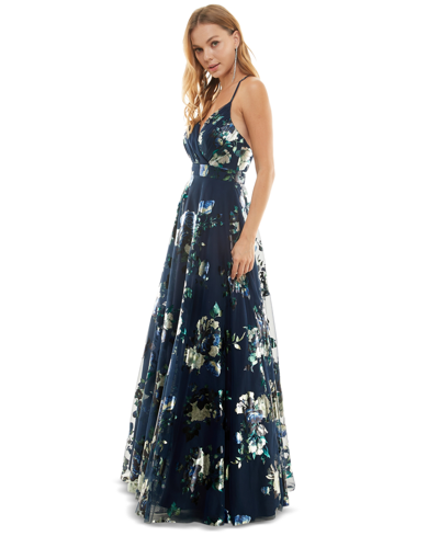 Shop City Studios Juniors' Strappy Floral Metallic Mesh Gown, Created For Macy's In Navy,purple