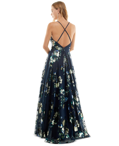Shop City Studios Juniors' Strappy Floral Metallic Mesh Gown, Created For Macy's In Navy,purple