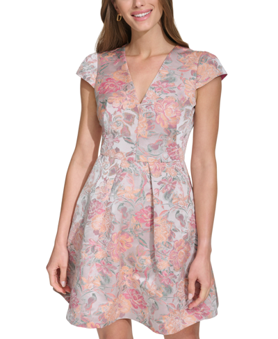 Shop Vince Camuto Petite Floral Jacquard Fit & Flare Dress In Rose Navy Multi