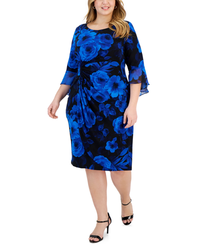 Shop Connected Plus Size Round-neck 3/4-ruffle-sleeve Dress In Sapphire