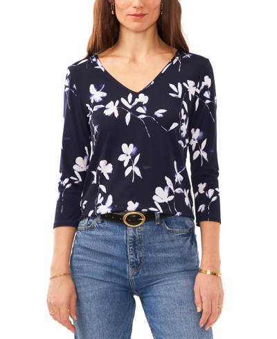 Shop Vince Camuto Women's Printed V-neck 3/4-sleeve Top In Classic Navy