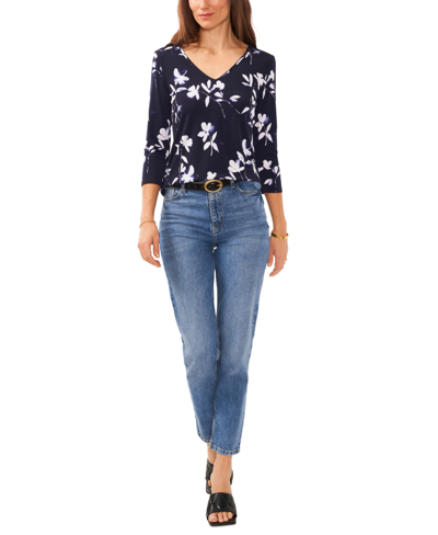 Shop Vince Camuto Women's Printed V-neck 3/4-sleeve Top In Classic Navy