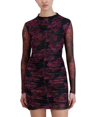 Shop Bcbgeneration Women's Printed Mesh Ruched Mini Dress In Diffused Floral