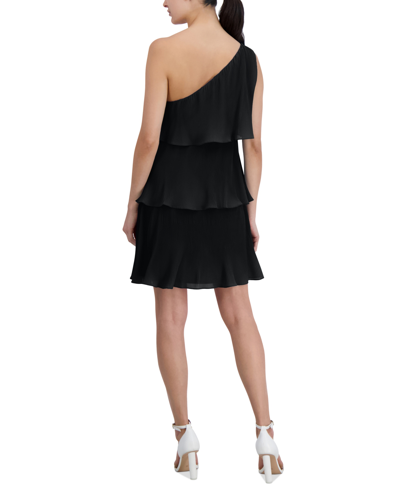 Shop Bcbgeneration Women's One-shoulder Pleated Tiered Dress In Black