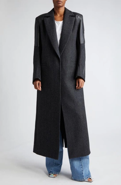 Shop Coperni Hybrid Herringbone & Faux Leather Long Coat In Charcoal