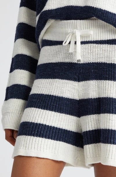 Eleventy Stripe Cotton & Linen Blend Drawstring Sweater Shorts In White And Navy