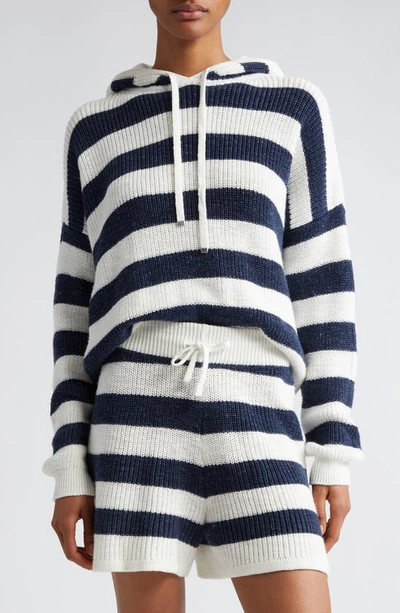 Shop Eleventy Stripe Cotton & Linen Blend Sweater Hoodie In White And Navy