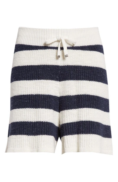 Eleventy Stripe Cotton & Linen Blend Drawstring Sweater Shorts In White And Navy