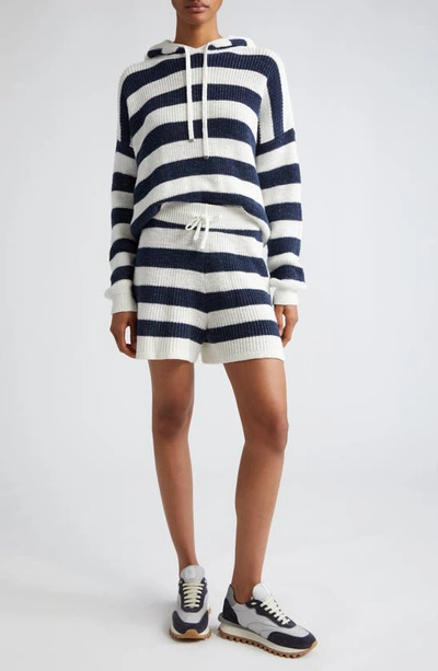 Eleventy Stripe Cotton & Linen Blend Sweater Hoodie In White And Navy