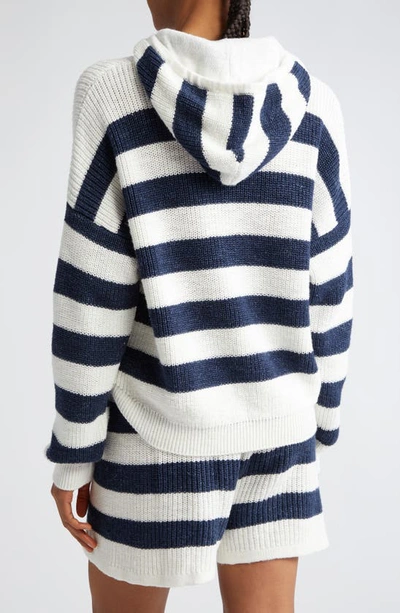 Shop Eleventy Stripe Cotton & Linen Blend Sweater Hoodie In White And Navy