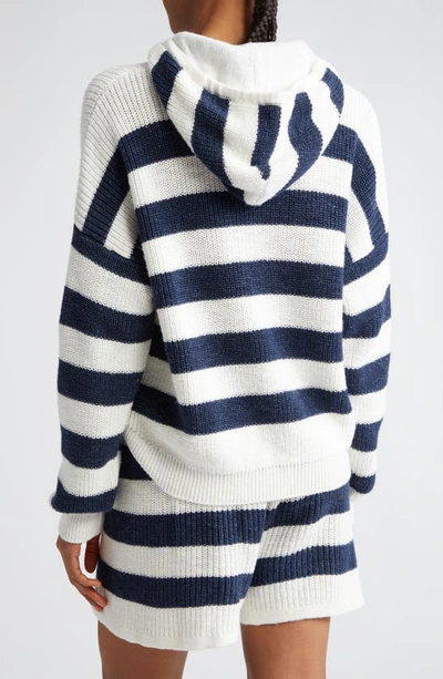 Eleventy Stripe Cotton & Linen Blend Sweater Hoodie In White And Navy