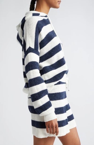 Eleventy Stripe Cotton & Linen Blend Sweater Hoodie In White And Navy