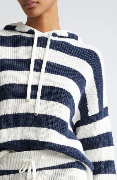 Eleventy Stripe Cotton & Linen Blend Sweater Hoodie In White And Navy