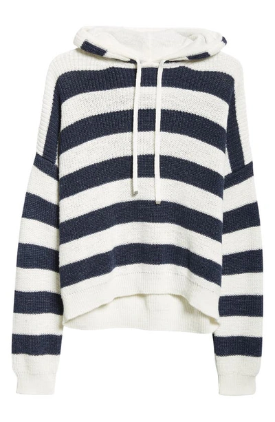 Eleventy Stripe Cotton & Linen Blend Sweater Hoodie In White And Navy