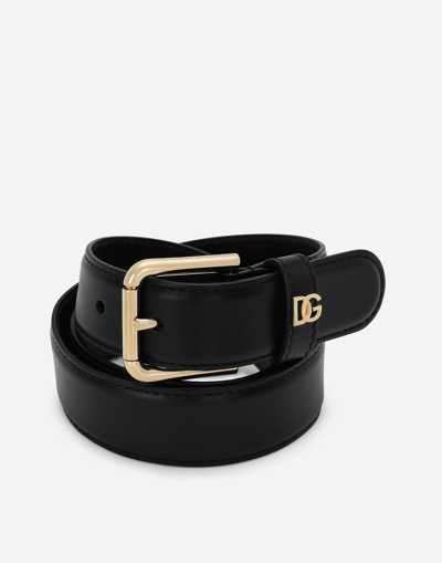 Dolce & Gabbana Leather Belt With Metal Monogram In Black