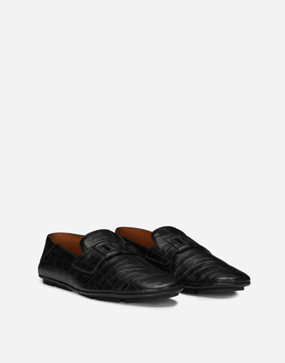Shop Dolce & Gabbana Crocodile-print Calfskin Driver Shoes In Black
