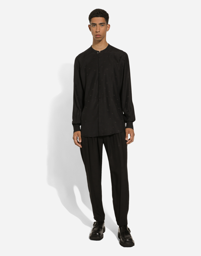 Dolce & Gabbana Silk Martini-fit Shirt With Plastron In Black