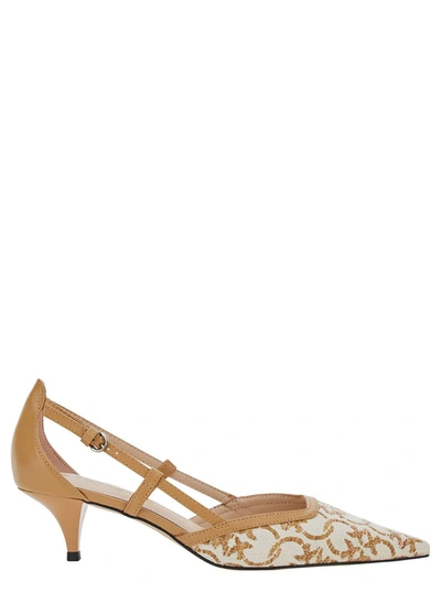Shop Pinko Beige Pumps With Cut-out And Logo Print In Leather Woman In Pink
