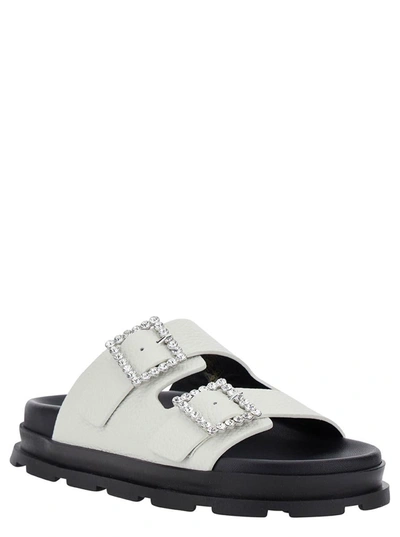 Shop Pollini White Sandals With Rhinestone Buckle In Hammered Leather Woman