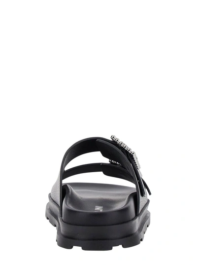 Shop Pollini Black Sandals With Rhinestone Buckle In Hammered Leather Woman