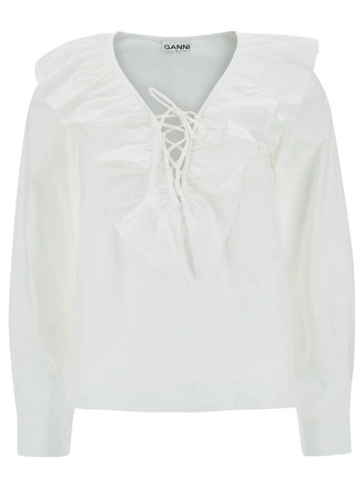 Shop Ganni White Blosue With Lace-up Closure And Ruffles In Cotton Woman