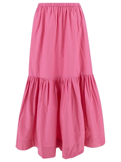 Shop Ganni Long Pink Skirt With Flounce Detail In Cotton Woman