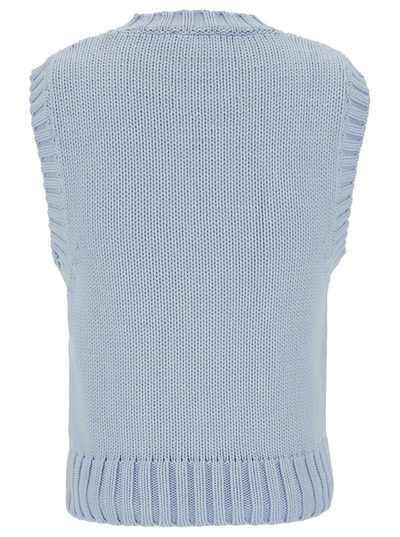 Shop Ganni Light Blue Knit Vest With Intarsia Logo In Cotton Woman