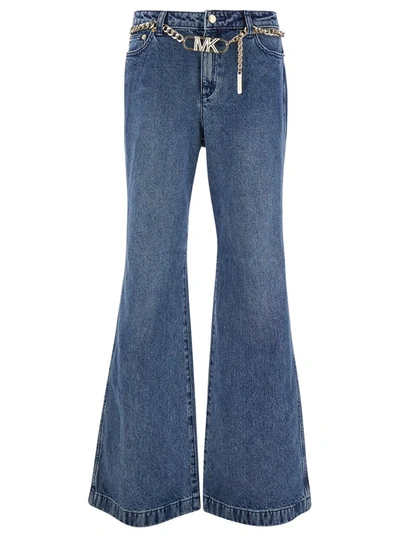 Shop Michael Michael Kors Blue Flared Jeans With Chain Belt In Denim Woman In Beige