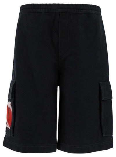 44 Label Group Black Cargo Bermuda Shorts With Logo Embroidery In Cotton Man In Black
