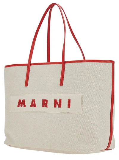 Shop Marni 'small Janus' White Tote Bag With Logo Patch In Cotton Woman