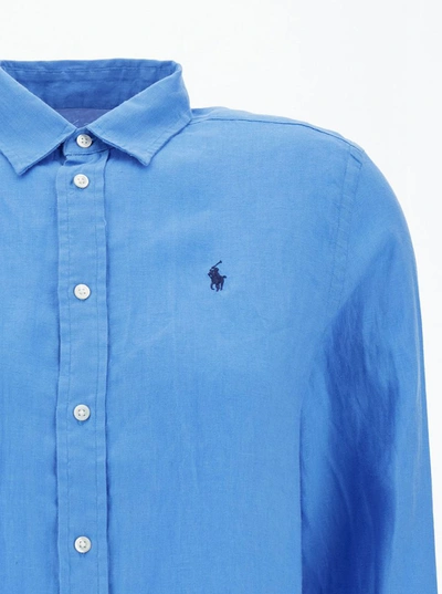 Shop Polo Ralph Lauren Light Blue Shirt With Pony Embroidery In Linen Woman