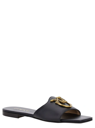Shop Pinko Black Flats With Love Birds Detail In Leather Woman