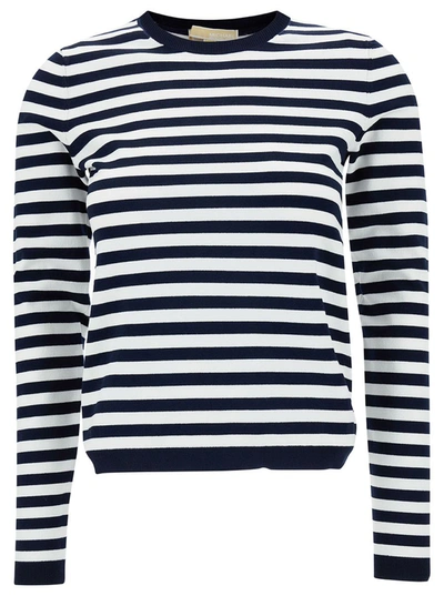Shop Michael Michael Kors Blue And White Striped Sweater With Logo Patch In Recycled Viscose Blend Woman