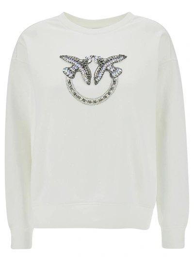 Shop Pinko White Crewneck Sweatshirt With Rhinestone Love Birds Detail In Cotton Woman