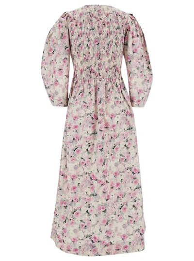 Shop Ganni Long White And Pink Dress With Floreal Print And Puff Sleeves In Cotton Woman