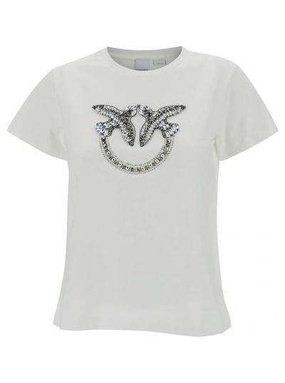 Shop Pinko White Crewneck T-shirt With Rhinestone Love Birds In Cotton Woman