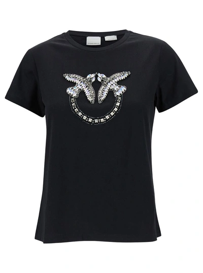 Shop Pinko Black Crewneck T-shirt With Rhinestone Love Birds In Cotton Woman