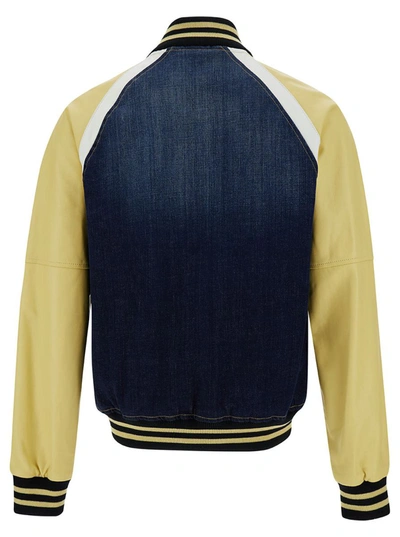 Shop Dsquared2 'college' Yellow And Blue Varsity Jacket With Logo Patch And Contrasting Sleeves In Stretch Cotton M In Multicolor