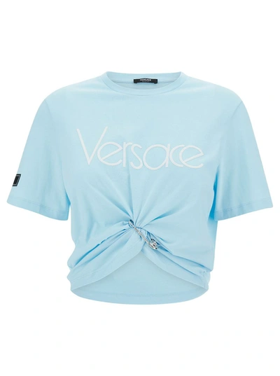 Shop Versace Light Blue T-shirt With Medusa Pin Detail In Cotton Woman