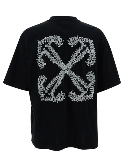 Shop Off-white Black Crewneck T-shirt With Arrow Embroidery In Cotton Man