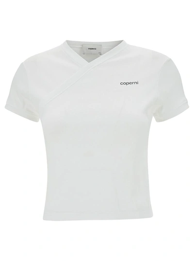 Shop Coperni White T-shirt With V Neckline And Logo In Cotton Woman