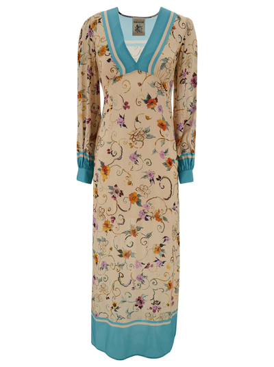 Shop Semicouture Giovanna Long Light Blue And Beige Dress With Floreal Print In Viscose Woman In Multicolor