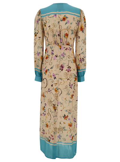Shop Semicouture Giovanna Long Light Blue And Beige Dress With Floreal Print In Viscose Woman In Multicolor
