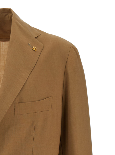 Shop Tagliatore Camel Brown Single-breasted Jacket With Logo Detail In Stretch Wool Man In Beige