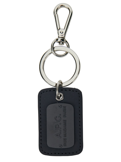 Shop Apc Black Key Ring With Engraved Logo In Nylon Man